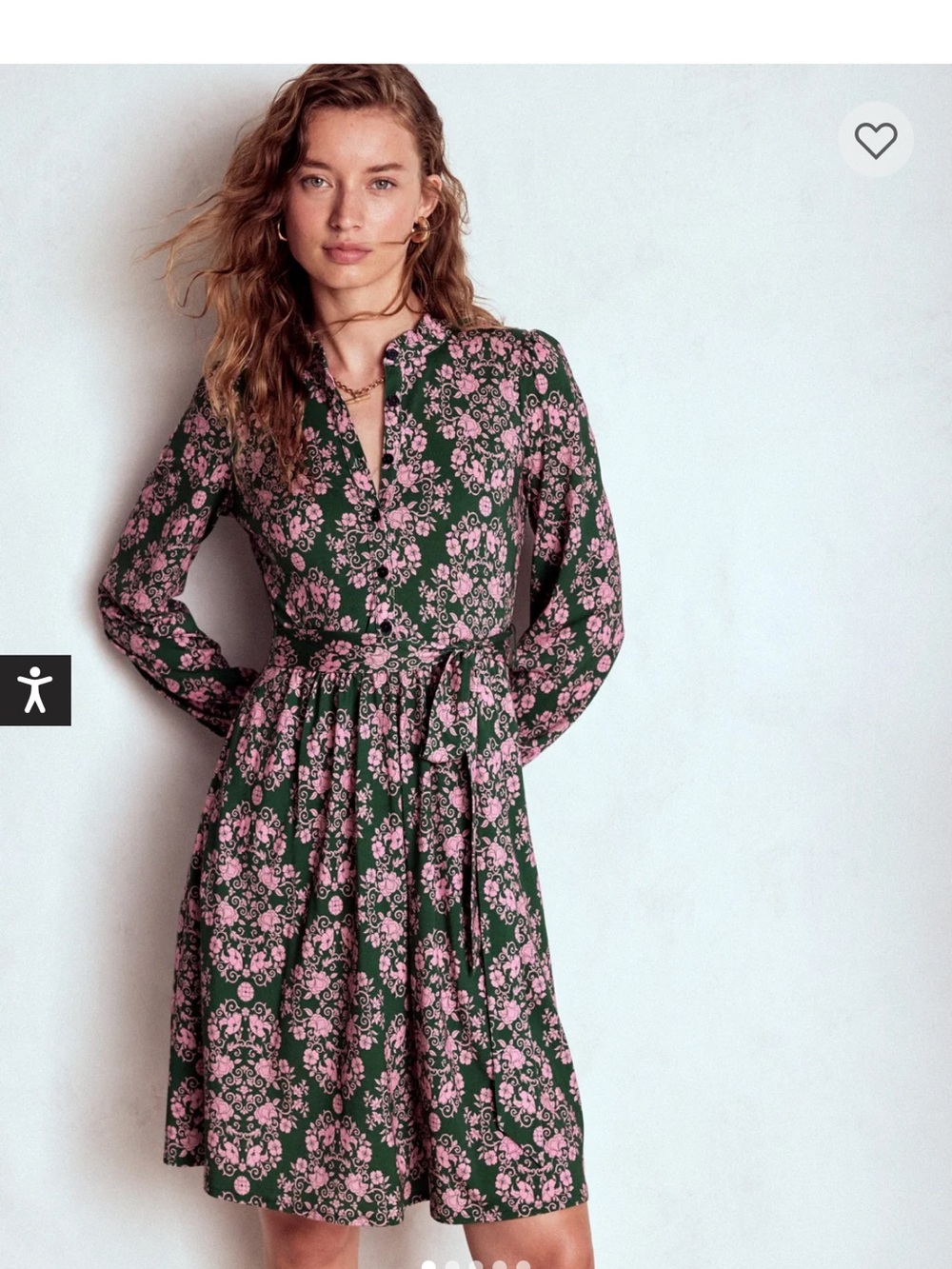 Boden Green Dress with Pink Floral Print, Long Sleeve